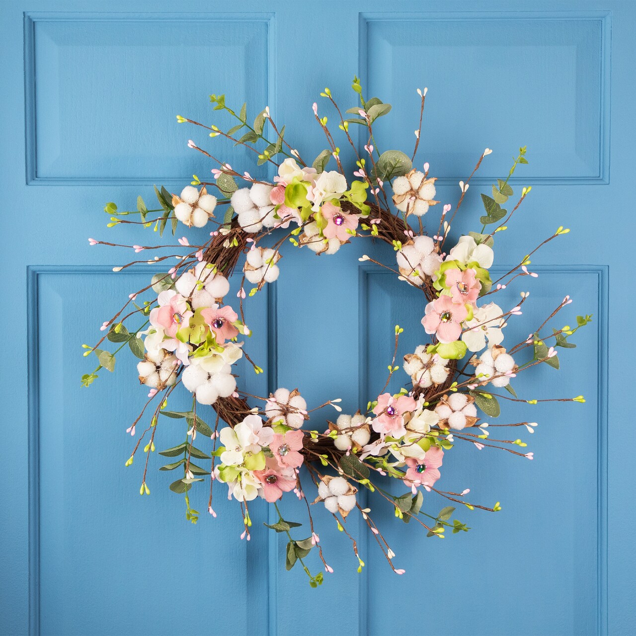 Northlight 18-Inch Pink and Green Hydrangeas with Cotton Artificial Floral Wreath